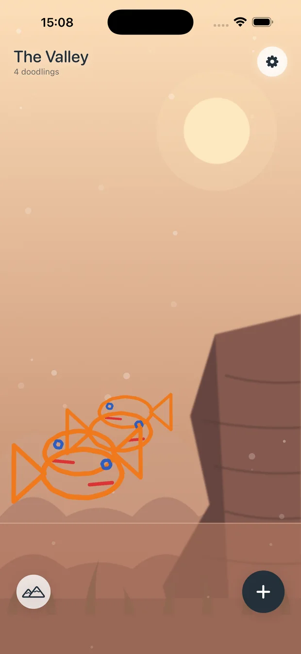 The Valley: hand-drawn creatures walking across warm rocky ground.