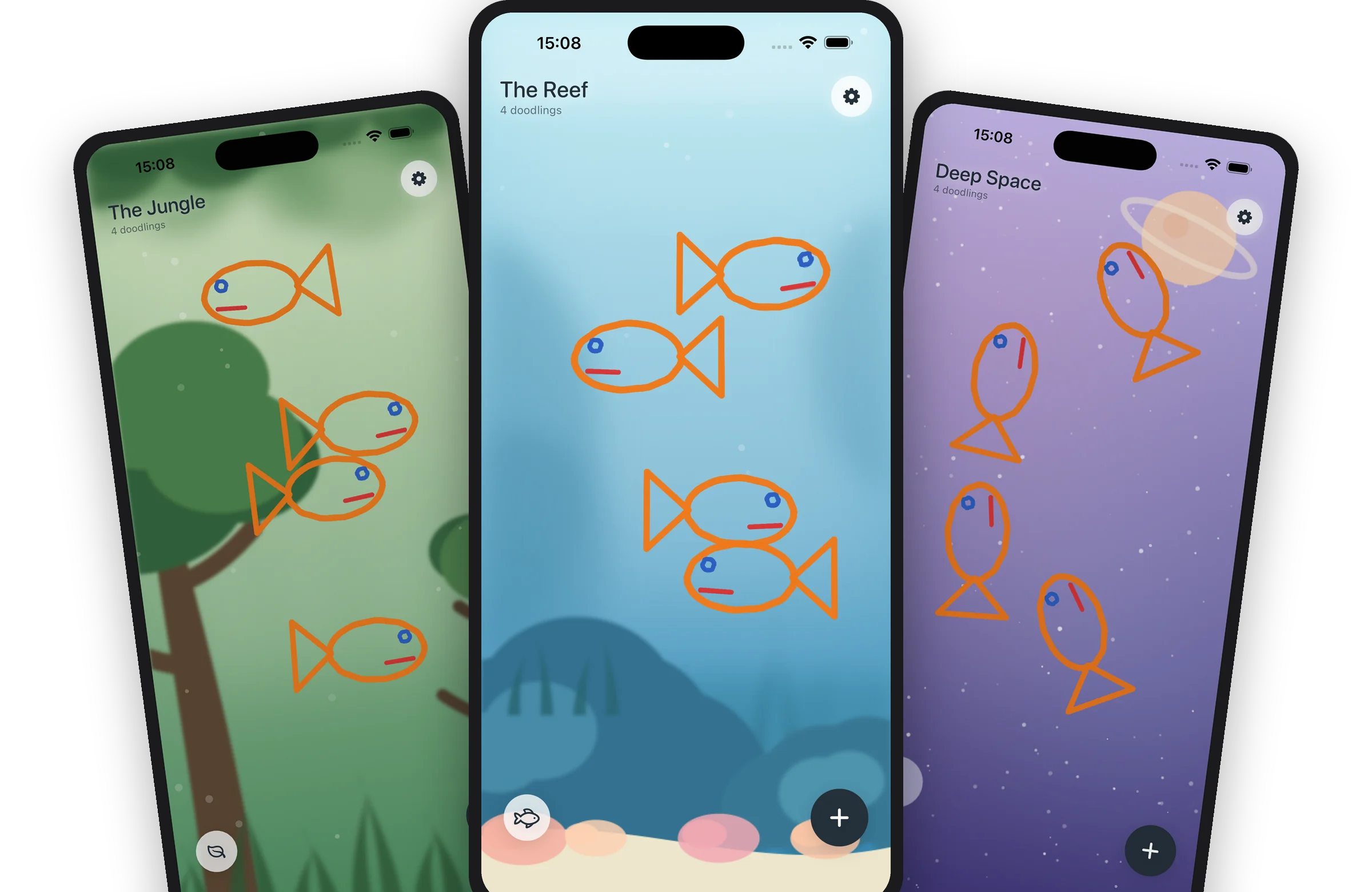 Three iPhones showing hand-drawn fish swimming in the Reef, flitting through the Jungle, and drifting in Deep Space.