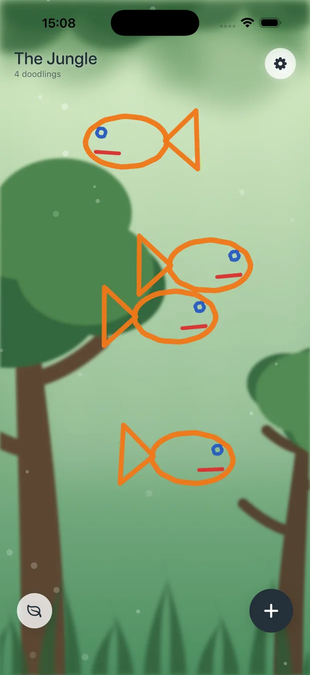 The Jungle: hand-drawn creatures flitting between green trees.