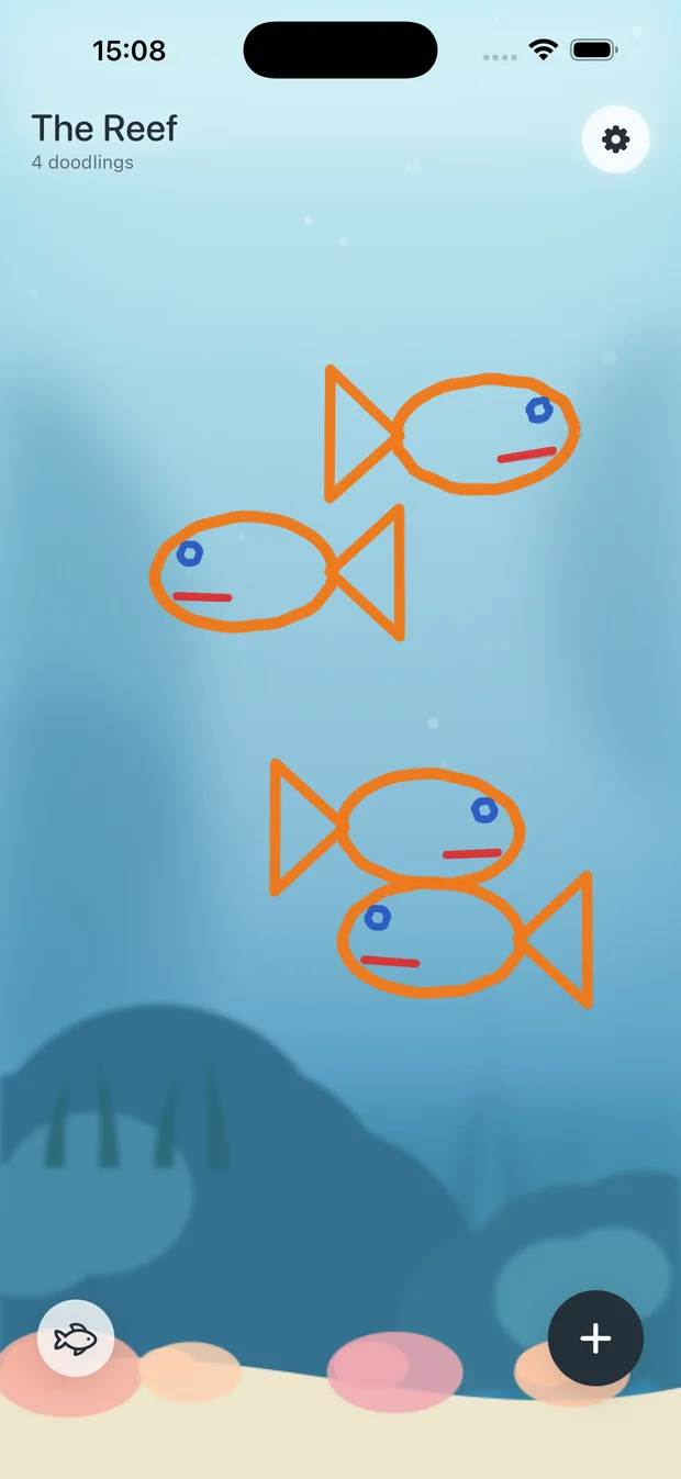 The Reef: four hand-drawn orange fish swimming over blue water and a sandy floor.