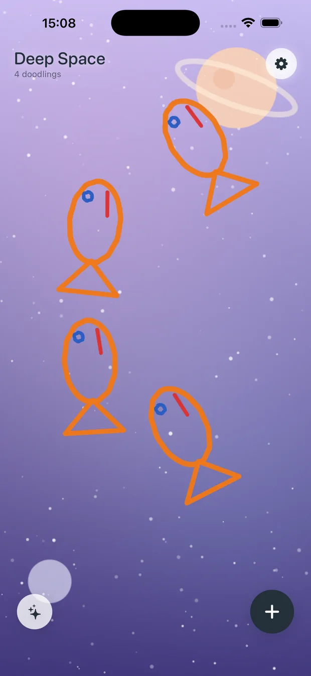 Deep Space: hand-drawn creatures drifting past a ringed planet and stars.