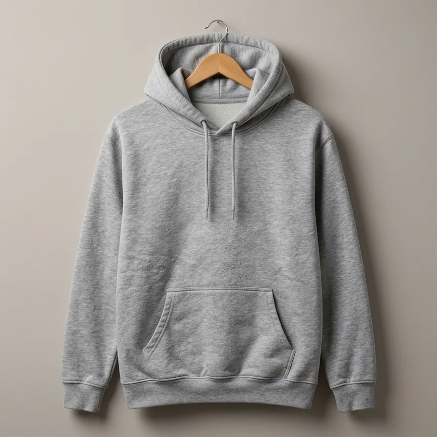 The same grey hoodie restaged on a wooden hanger against a plain warm wall, shot the way a shop would.