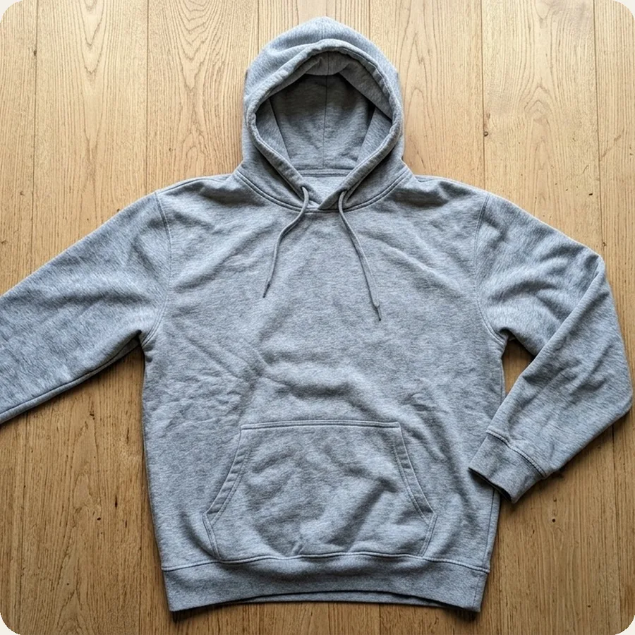 A grey hoodie laid on a wooden bedroom floor, photographed from above in ordinary light.