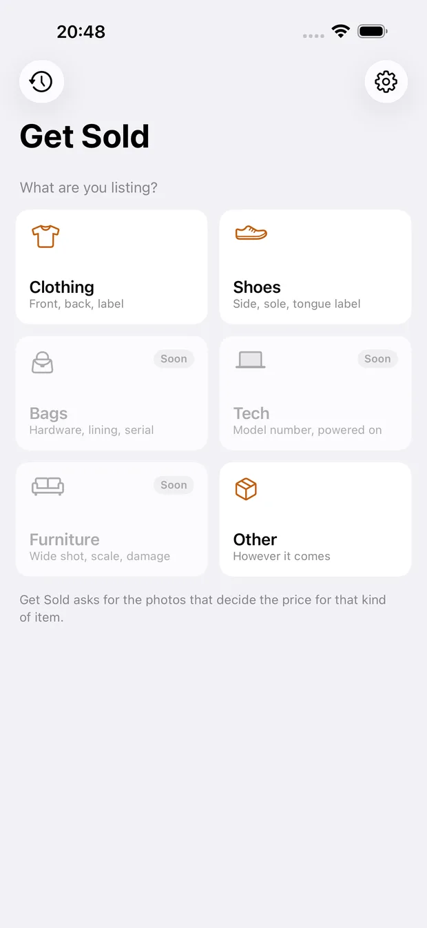 The Get Sold home screen asking what you are listing, with Clothing and Shoes available.