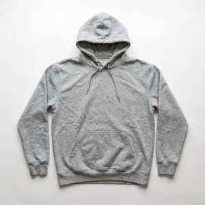 A grey hoodie laid flat on a white surface.
