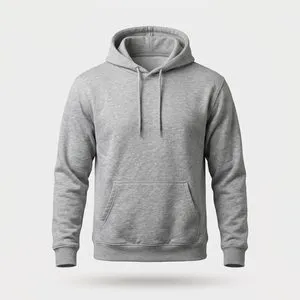 A grey hoodie filled out on an invisible mannequin against white.