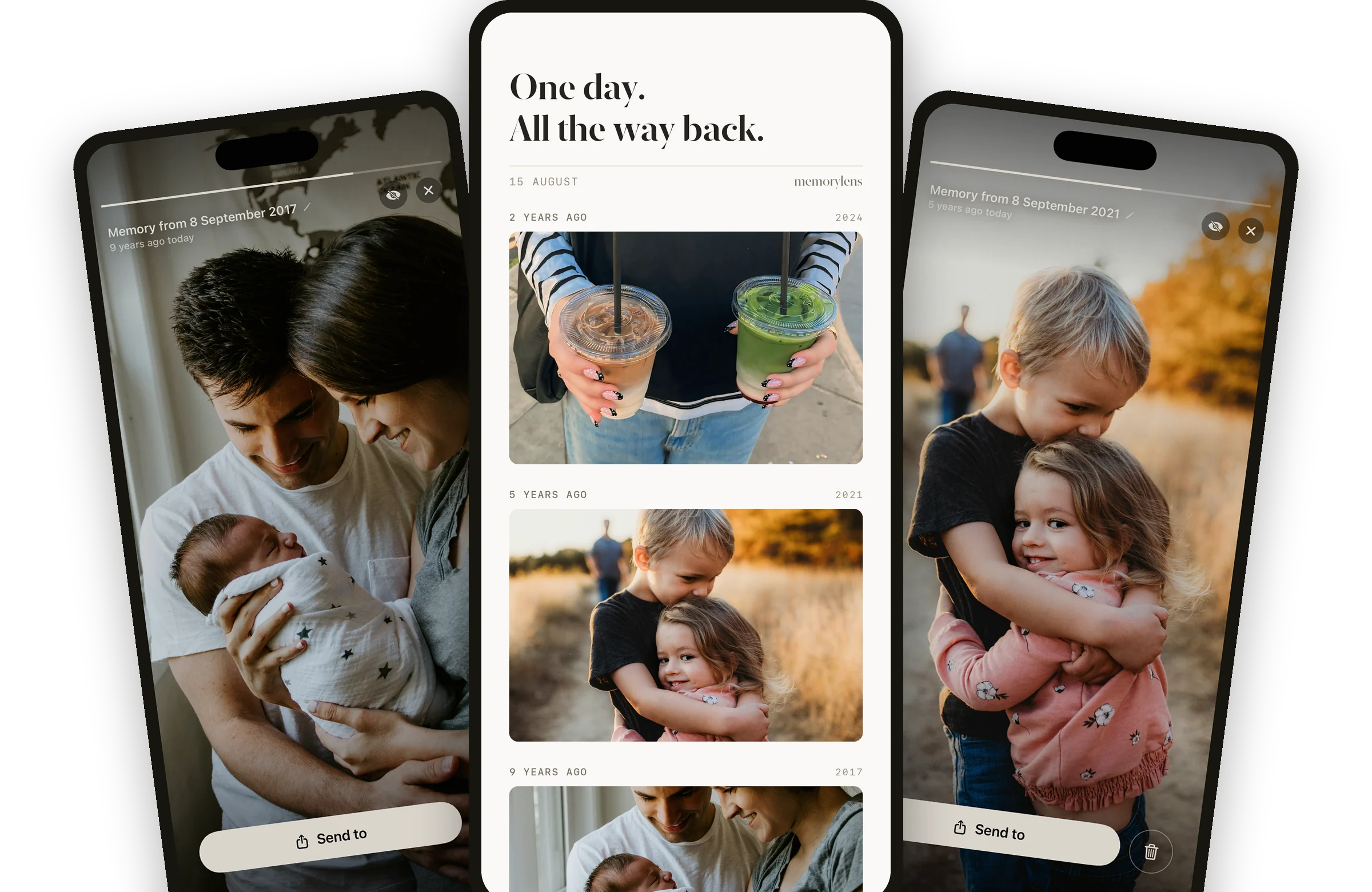 Three iPhones showing a memory from 2017, one date listed across several years, and a memory from 2021.