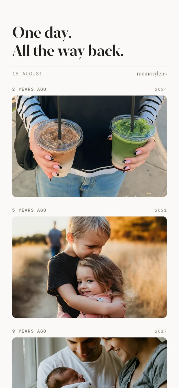 One date shown across 2024, 2021 and 2017, one photo per year.