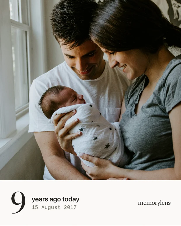 A memory in a share frame: the photograph above a large numeral nine, the words years ago today, and the date.